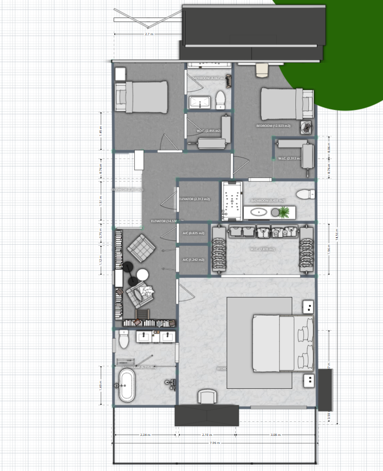 plano de casa de tres dormitorios, con dormitorio, sala de estar, cocina y baño
