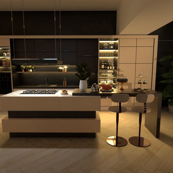 render de cozinha americana em preto, branco e mármore, criada no Planner 5D