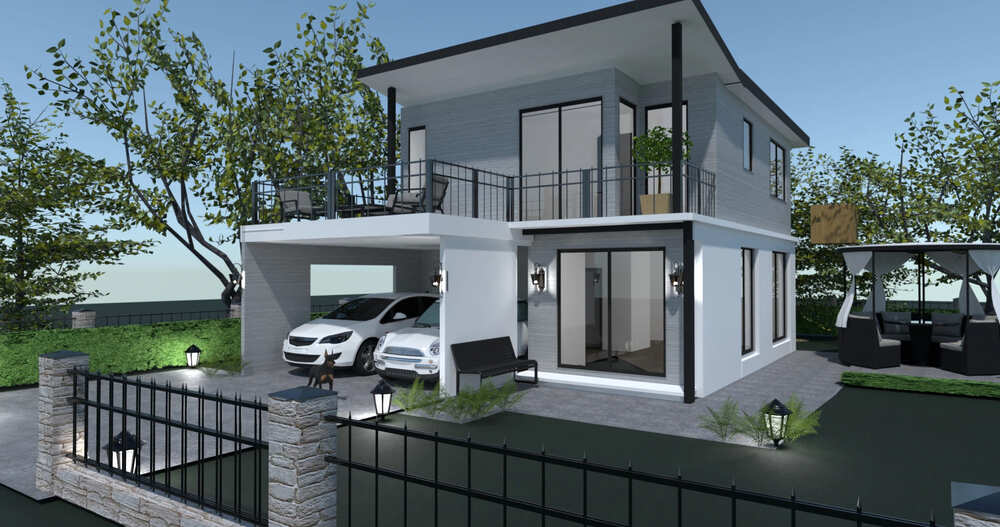 sobrado moderno com três quartos. render criado no Planner 5D