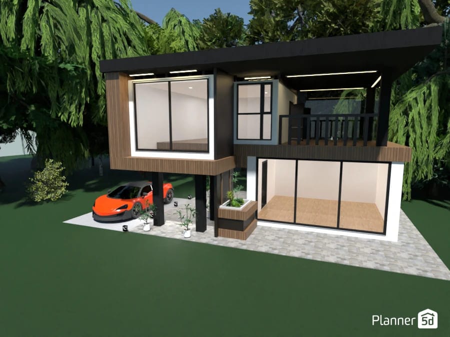 Casa de 2 andares simples e moderna com varanda. render do Planner 5D
