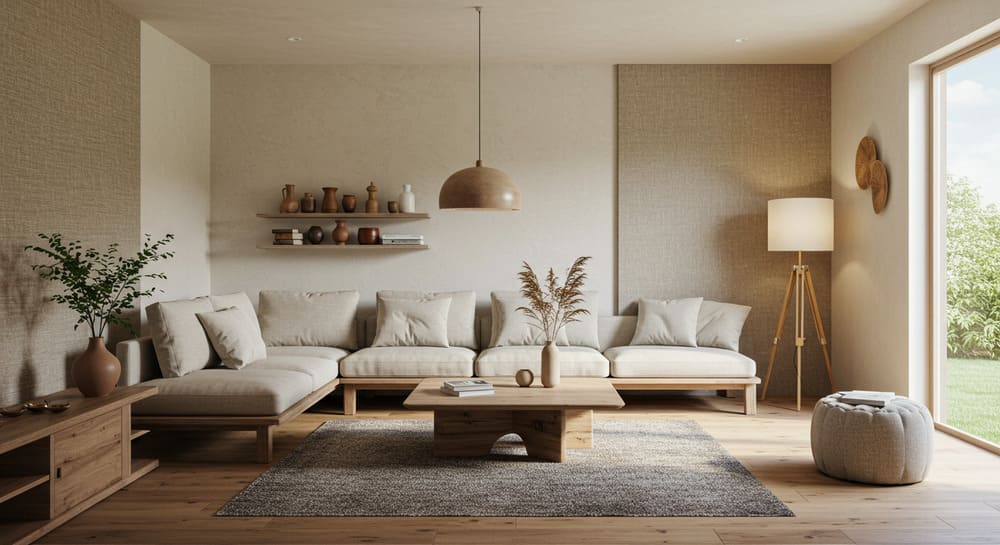 Sala minimalista com materiais sustentável. Imagem gerada por IA.