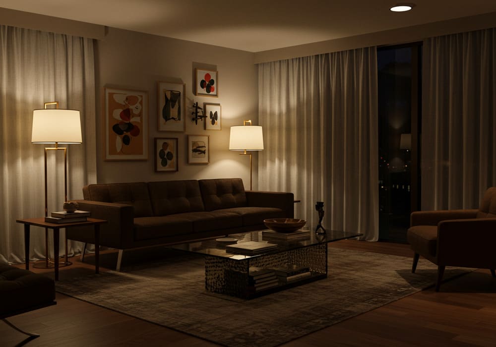 Sala de estar no estilo mid-century modern com iluminação aconchegante