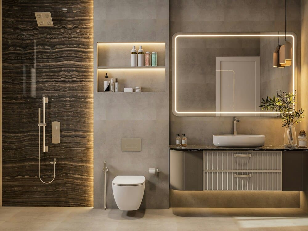 banheiro moderno com decoração em tons neutros e iluminação dinâmica