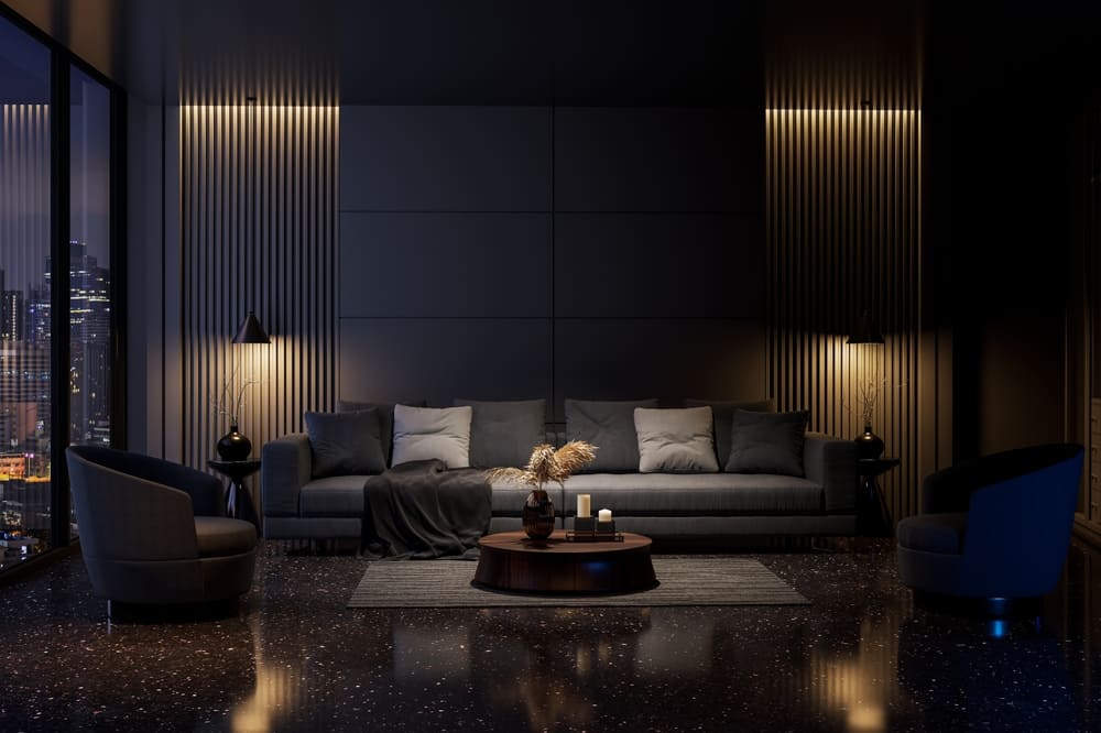 sala de estar moderna à noite com iluminação indireta