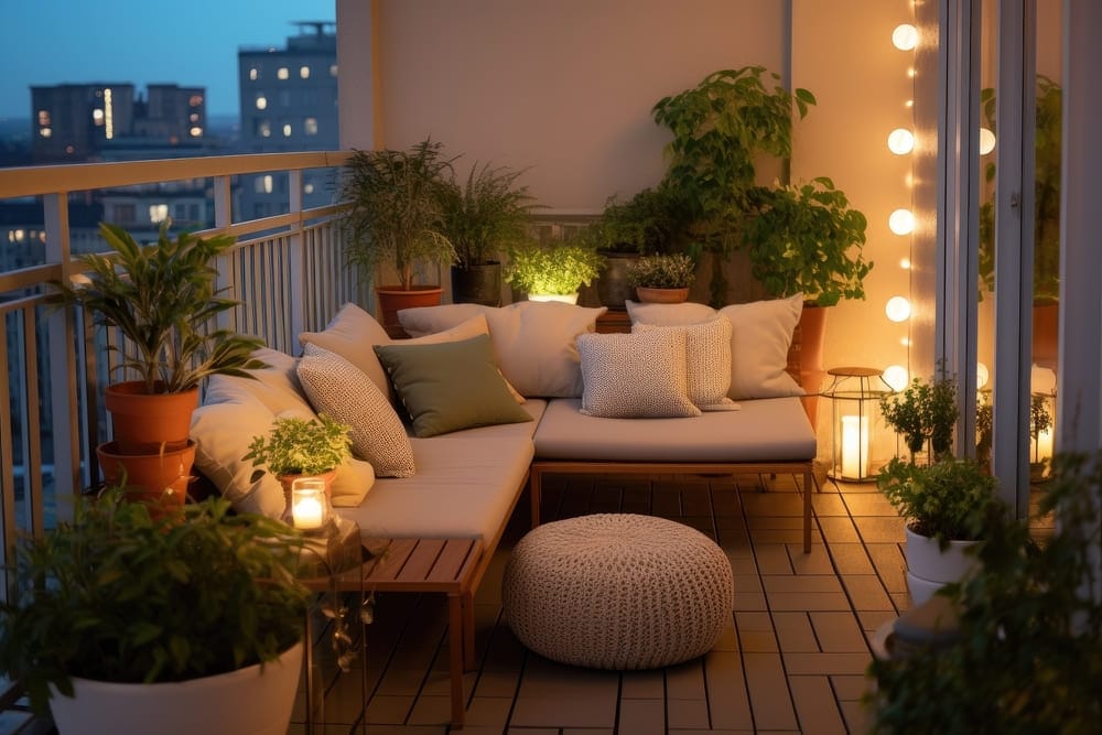 Varanda com sofá e várias plantas, iluminada com luzes quentes