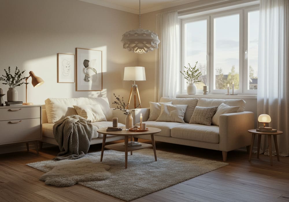 Sala de estar no estilo Japandi, com diferentes fontes de luz