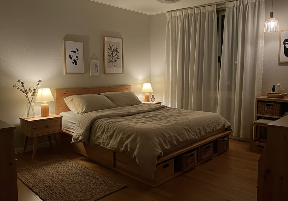 Quarto com iluminação aconchegante e decoração minimalista, com móveis em madeira e tecidos de fibra natural