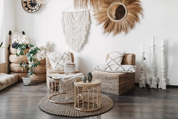 Déco bohéme chic : un salon boho avec des chaises rattan et macramé